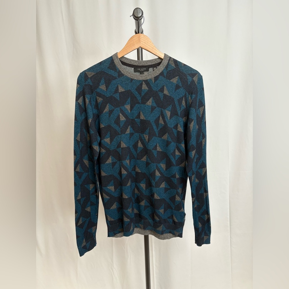 Ted Baker Blue and Gray Crewneck Sweater with Geometric Pattern